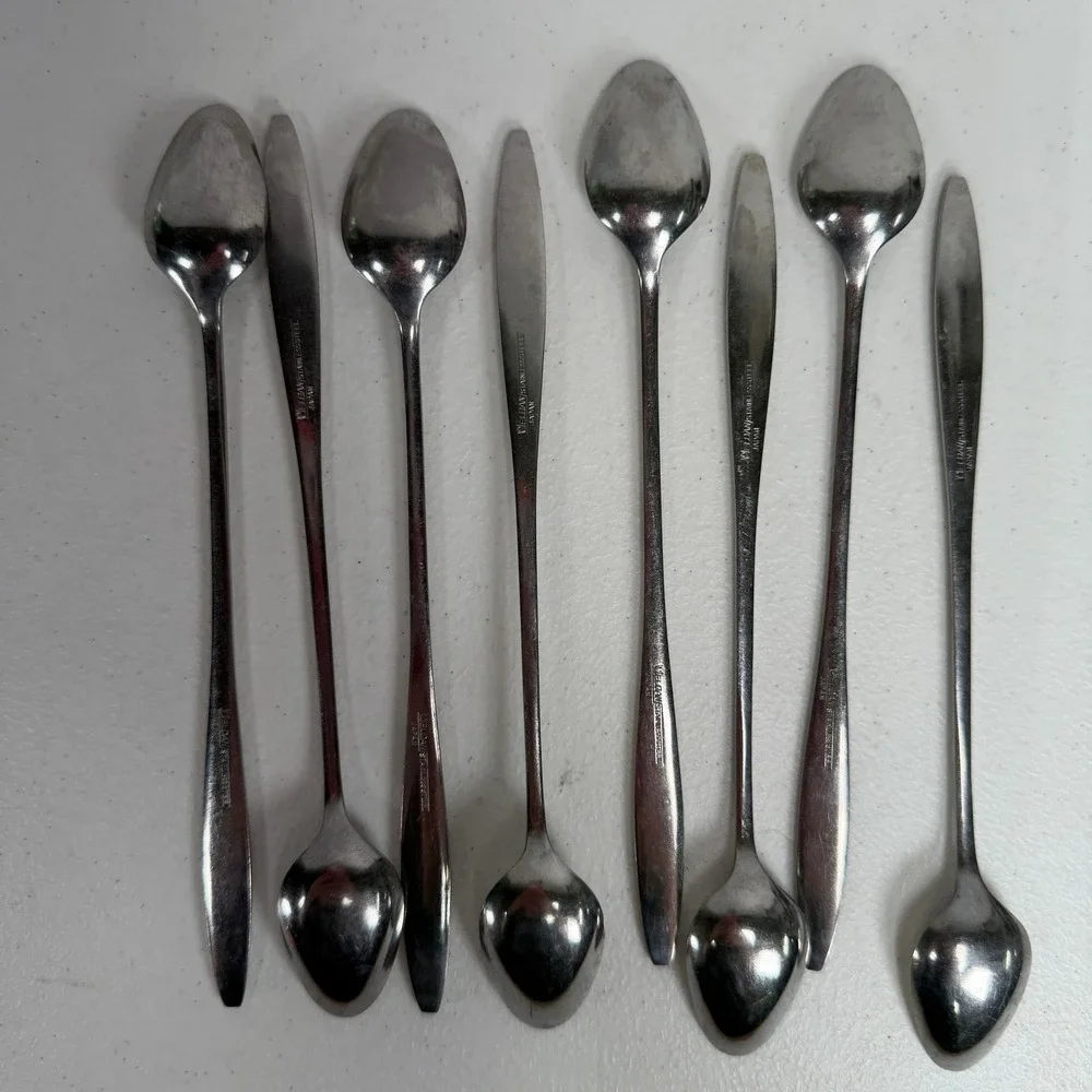 Eldan Iced Tea Spoons Set of 8 Rose Floral Embossed Japan Stainless Steel MCM